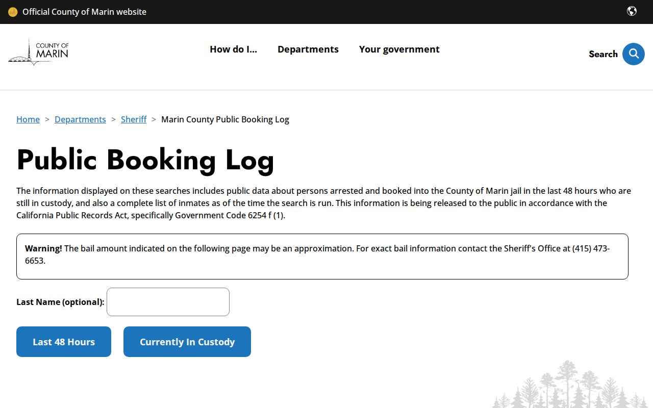 Marin County Public Booking Log search interface