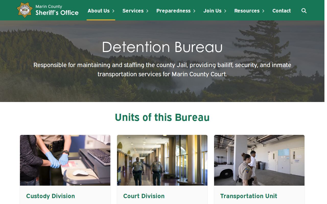 Marin Sheriff Detention Bureau custody information page