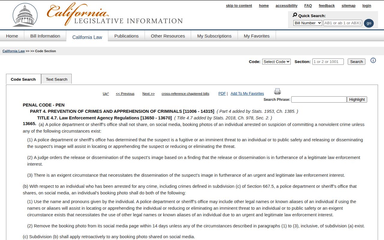 California Penal Code section 13665 official text