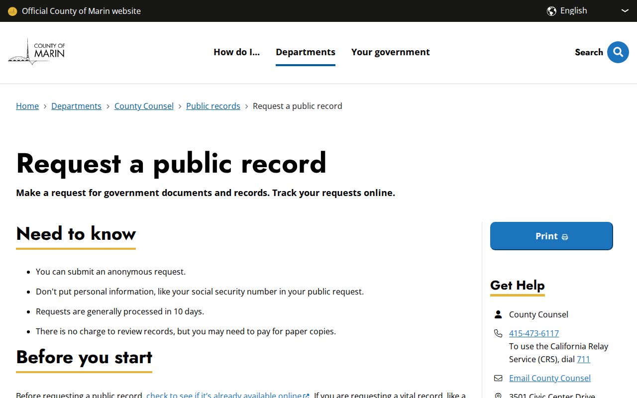 Marin County public records request instructions