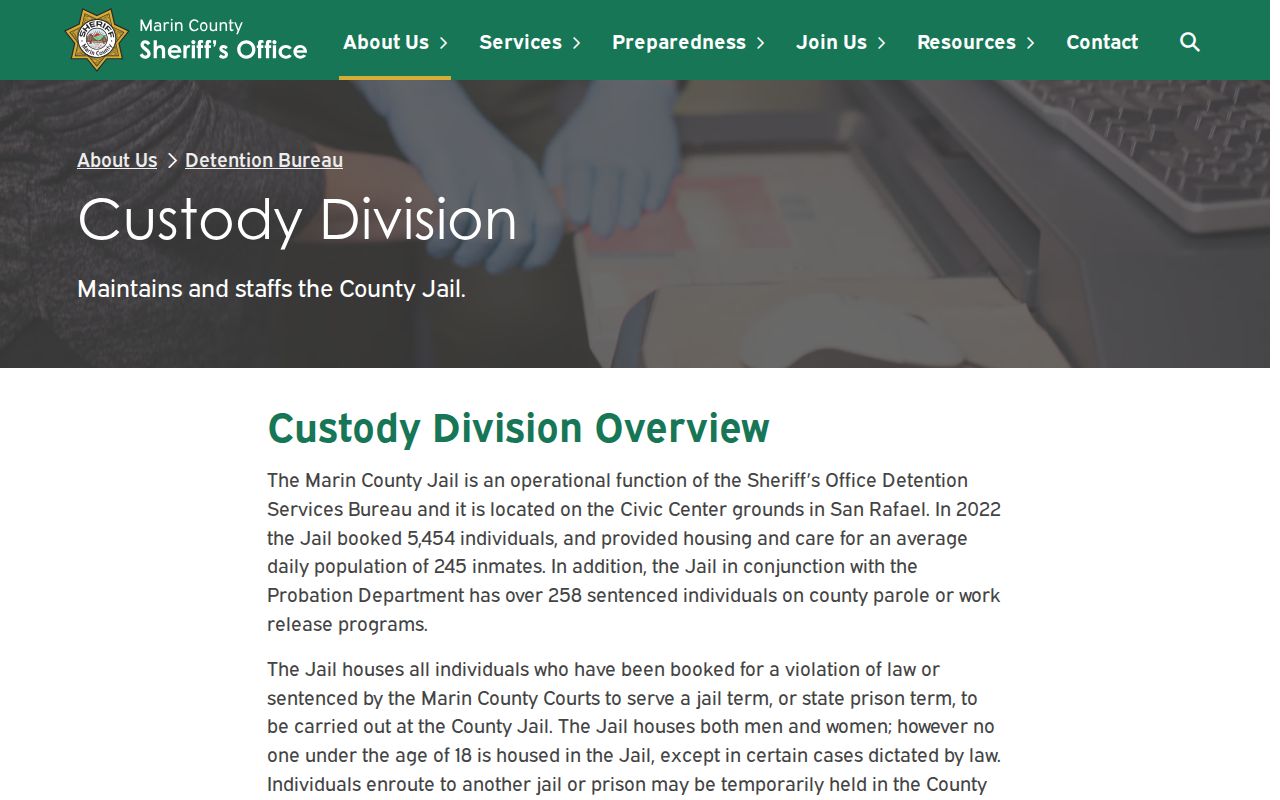 Marin County arrest custody division information