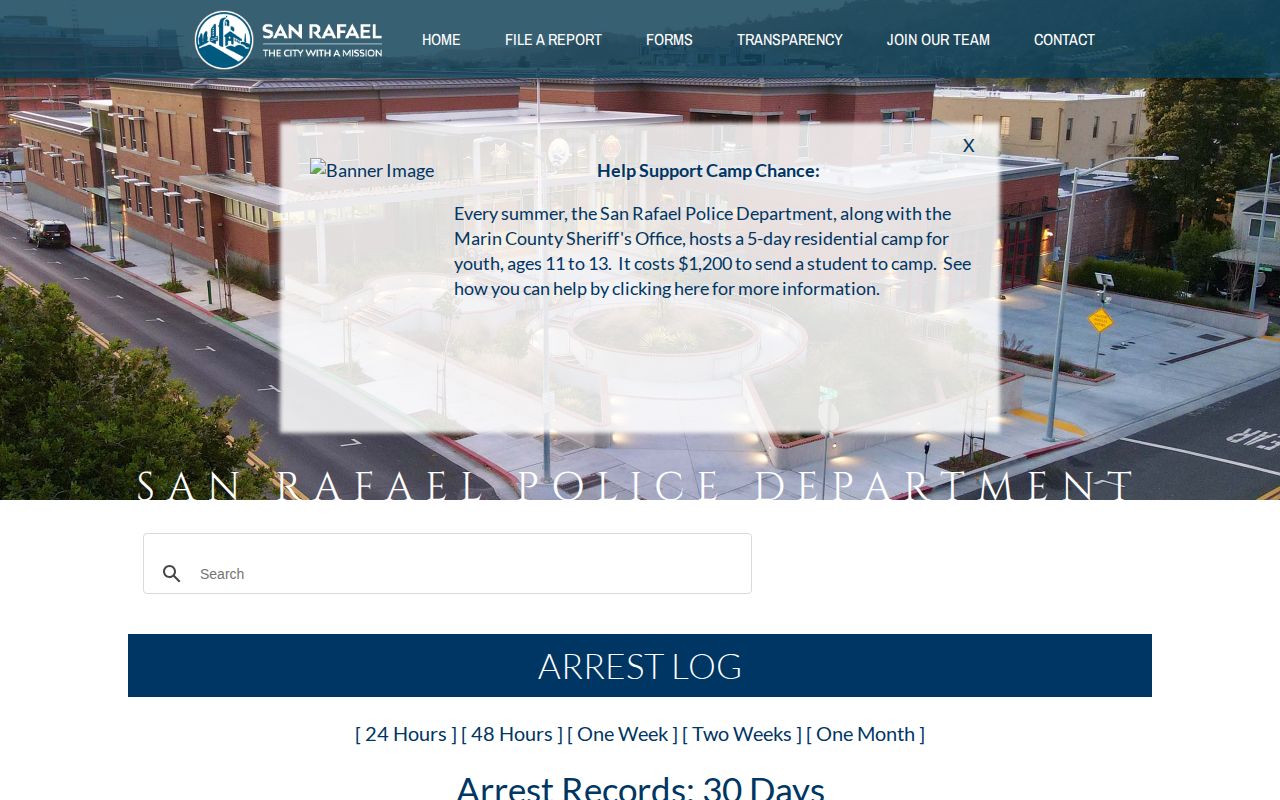 San Rafael Police Department arrest log interface with selectable time windows