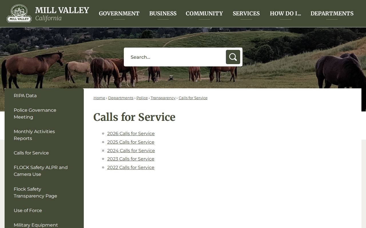Mill Valley Calls for Service annual archive page
