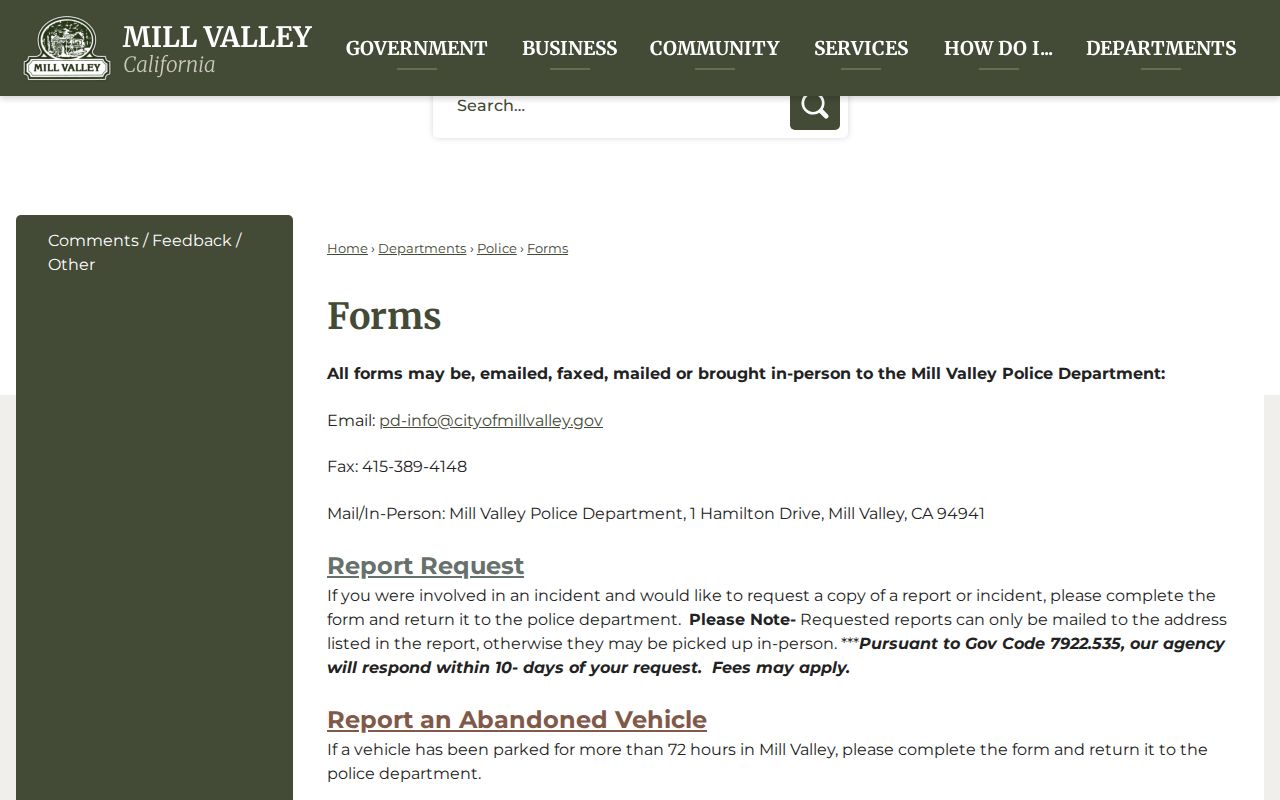 Mill Valley official police forms and report request webpage